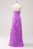 Sheath Spaghetti Straps Ruffle Long Bridesmaid Dress with Slit