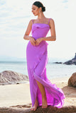 Sheath Spaghetti Straps Ruffle Long Tahiti Chiffon Bridesmaid Dress with Slit