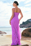 Sheath Spaghetti Straps Ruffle Long Tahiti Chiffon Bridesmaid Dress with Slit