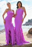 Tahiti Mermaid Halter Backless Ruffle Chiffon Long Bridesmaid Dress