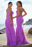 Tahiti Mermaid Halter Backless Ruffle Chiffon Long Bridesmaid Dress