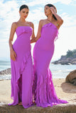 Tahiti Sheath Spaghetti Straps Ruffle Long Bridesmaid Dress with Slit