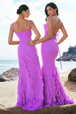 Sheath Spaghetti Straps Ruffle Long Tahiti Chiffon Bridesmaid Dress with Slit