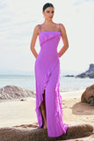 Sheath Spaghetti Straps Ruffle Long Tahiti Chiffon Bridesmaid Dress with Slit