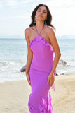 Tahiti Mermaid Halter Backless Ruffle Chiffon Long Bridesmaid Dress