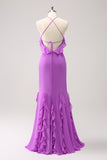 Tahiti Sheath Halter Backless Long Bridesmaid Dress with Ruffles