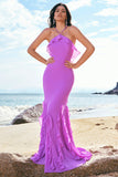 Tahiti Mermaid Halter Backless Ruffle Chiffon Long Bridesmaid Dress