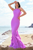 Tahiti Mermaid Halter Backless Ruffle Chiffon Long Bridesmaid Dress