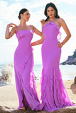 Tahiti Mermaid Halter Backless Ruffle Chiffon Long Bridesmaid Dress