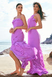 Tahiti Mermaid Halter Backless Ruffle Chiffon Long Bridesmaid Dress