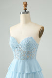 A Line Sweetheart Tiered Light Blue Short Homecoming Dress with Appliques