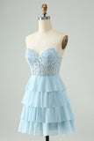 A Line Sweetheart Tiered Light Blue Short Homecoming Dress with Appliques