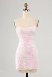Pink Bodycon Spaghetti Straps Homecoming Dress with Criss Cross Back