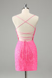 Chic Glitter Hot Pink Bodycon Spaghetti Straps Sequins Short Homecoming Dress