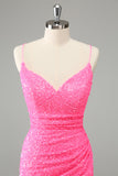 Chic Glitter Hot Pink Bodycon Spaghetti Straps Sequins Short Homecoming Dress