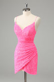 Chic Glitter Hot Pink Bodycon Spaghetti Straps Sequins Short Homecoming Dress