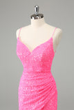 Chic Glitter Hot Pink Bodycon Spaghetti Straps Sequins Short Homecoming Dress