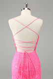 Chic Glitter Hot Pink Bodycon Spaghetti Straps Sequins Short Homecoming Dress