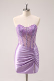 Sparkly Lilac Bodycon Strapless Sequins Ruched Short Homecoming Dress with Beading