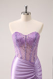 Sparkly Lilac Bodycon Strapless Sequins Ruched Short Homecoming Dress with Beading