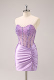 Sparkly Lilac Bodycon Strapless Sequins Ruched Short Homecoming Dress with Beading