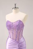 Sparkly Lilac Bodycon Strapless Sequins Ruched Short Homecoming Dress with Beading