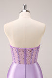 Sparkly Lilac Bodycon Strapless Sequins Ruched Short Homecoming Dress with Beading