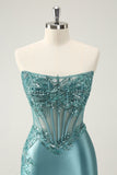 Glitter Tight Strapless Corset Short Peacock Blue Homecoming Dress with Appliques