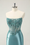 Glitter Tight Strapless Corset Short Peacock Blue Homecoming Dress with Appliques