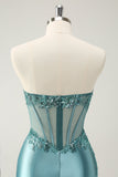 Glitter Tight Strapless Corset Short Peacock Blue Homecoming Dress with Appliques