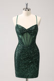 Sparkly Unique Dark Green Tight Sequin Corset Homecoming Dress with Lace Up Back