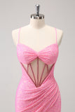 Stylish Sparkly Unique Pink Tight Sequin Corset Homecoming Dress with Lace Up Back