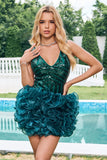 Sparkly Dark Green Tight V Neck Detachable Skirt Sequin Short Homecoming Dress