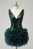 Stylish Dark Green Bodycon V Neck Sequin Short Homecoming Dress with Detachable Skirt