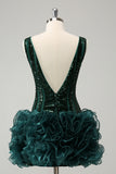 Sparkly Dark Green Tight V Neck Detachable Skirt Sequin Short Homecoming Dress