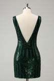 Stylish Dark Green Bodycon V Neck Sequin Short Homecoming Dress with Detachable Skirt