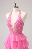 Cute Hot Pink A Line Strapless Tiered Corset Ruffle Homecoming Dress with Beading