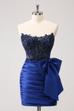 Unique Peacock Tight Strapless Corset Pleated Short Beaded Homecoming Dress with Bow