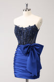 Unique Peacock Tight Strapless Corset Pleated Beaded Homecoming Dress with Bowknot