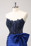 Unique Peacock Tight Strapless Corset Pleated Beaded Homecoming Dress with Bowknot