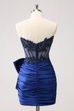 Unique Peacock Tight Strapless Corset Pleated Beaded Homecoming Dress with Bowknot