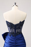 Unique Peacock Tight Strapless Corset Pleated Beaded Homecoming Dress with Bowknot