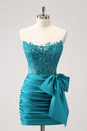 Unique Peacock Tight Strapless Corset Pleated Short Beaded Homecoming Dress with Bow