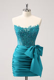 Unique Peacock Tight Strapless Corset Pleated Beaded Homecoming Dress with Bowknot