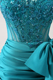 Unique Peacock Tight Strapless Corset Pleated Short Beaded Homecoming Dress with Bow