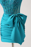 Unique Peacock Tight Strapless Corset Pleated Short Beaded Homecoming Dress with Bow