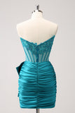 Unique Peacock Tight Strapless Corset Pleated Beaded Homecoming Dress with Bowknot