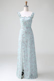 Grey Green Sheath Floral Print Lace Up Back Long Bridesmaid Dress With Slit