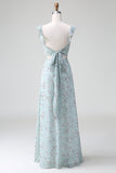 Grey Green Sheath Floral Print Lace Up Back Long Bridesmaid Dress With Slit