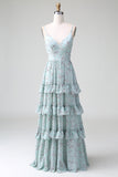 Grey Green A Line Spaghetti Straps Tiered Print Bridesmaid Dress With Ruffles